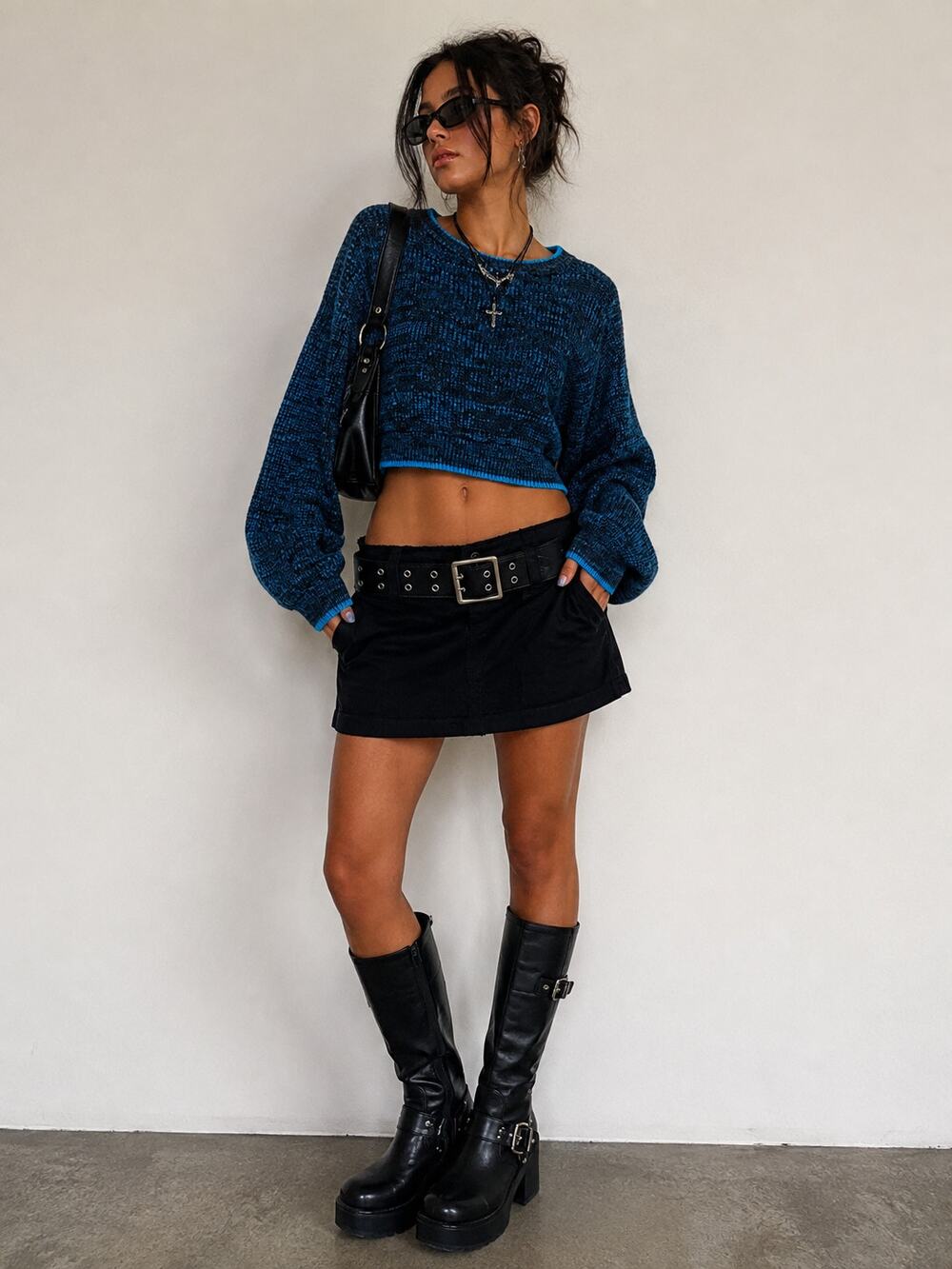 Vintage Dry Goods Sauga Tuck Cropped Sweater L Blue Black Balloon Sleeve Y2K